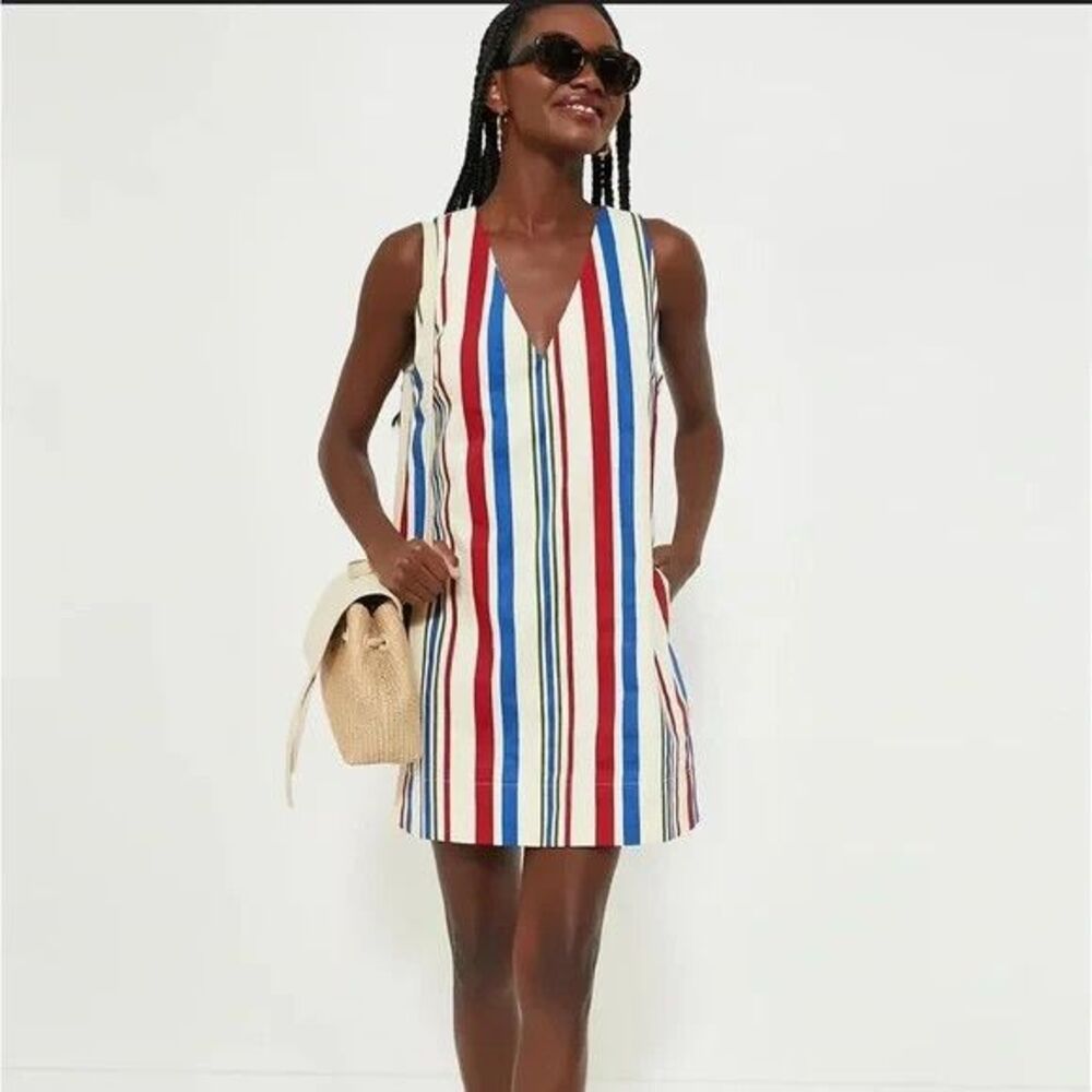 Tuckernuck Pomander Place NEW Stripe Kira V NECK  Mini Dress  Medium 100 cotton